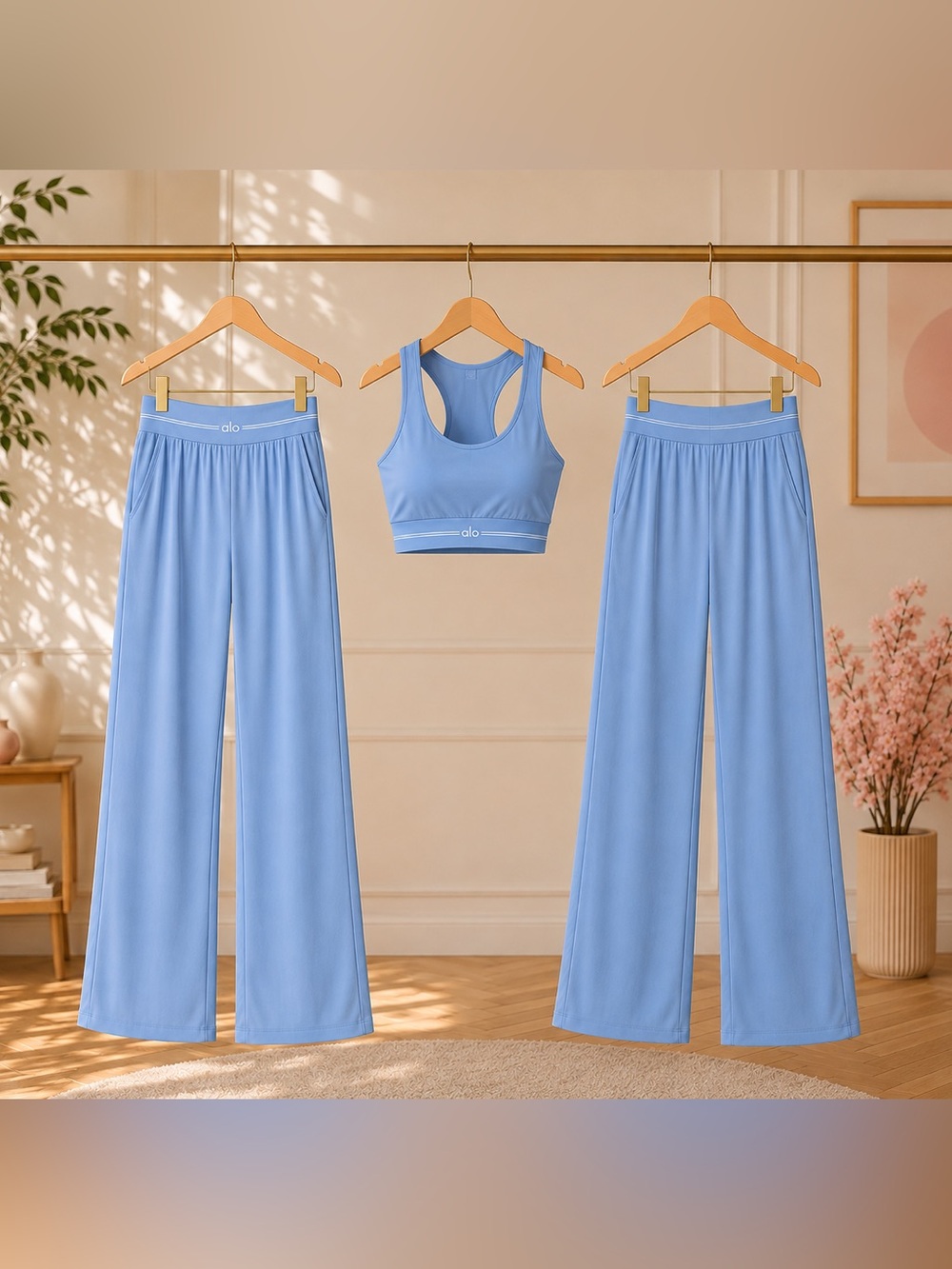 ALO Yoga Sky Blue Supportive Sports Bra & Wide-Leg Pants Set - Picture 2 of 2